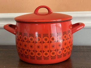 Vintage KAJ FRANCK Arabia Finel Red Flowers Enamel pot with lid Finland MCM  - Picture 1 of 11