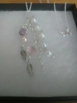 New White & Pink & Purple With Leaf Feather Charm Pendant On 18 " Necklace - Image 1 of 4