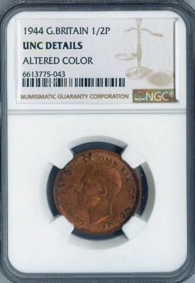 1944 Great Britain Half Penny 1/2P NGC UNC DETAIL QUALITY✔️ - Image 1 of 2