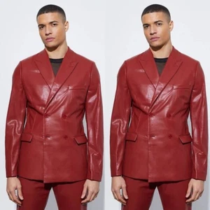 Red Leather Men Suits Peak Lapel Double Breasted Wedding Party Prom Tuxedos 2pcs - Picture 1 of 7