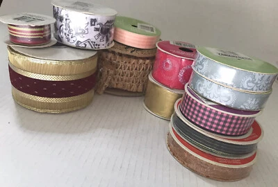 Solid, Striped, Shimmer, Polyester , Nylon And Jute Crafting Ribbons Set Of 12 - Image 1 of 4