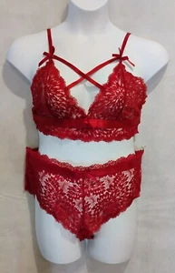 Red lace with Satin trim Bra top & Panty set (XL) - Picture 1 of 2
