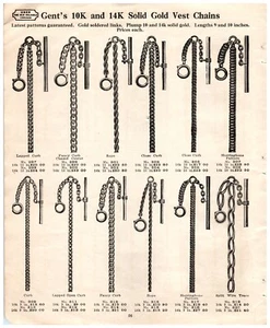 1920's Gents' 10K & 14K Solid Gold Vest Chains Catalog Page Vintage Print Ad A5 - Picture 1 of 2