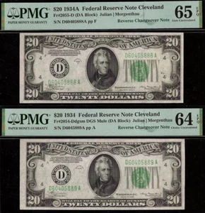 1934/1934A $20 FRN PMG 65EPQ - Changeover Mule non Mule Fr 2054-D Fr 2055-Ddgsm - Picture 1 of 5