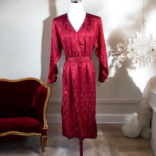 VETEMENTS Abito vintage donna Pellini Von Bramlett 5 6 bordeaux damascato retrò con cintura midi