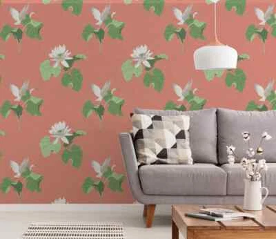 Floral pink green white lotus flowers leaves botanical cranes Wallpaper rolls 3D - Image 1 of 4