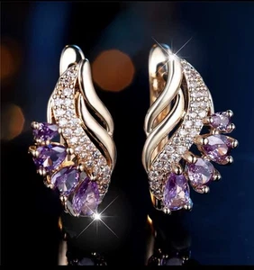 9ct Gold GF Purple Amethyst Crystal Lever back Earrings FREE GIFT BOX (564) - Picture 1 of 6