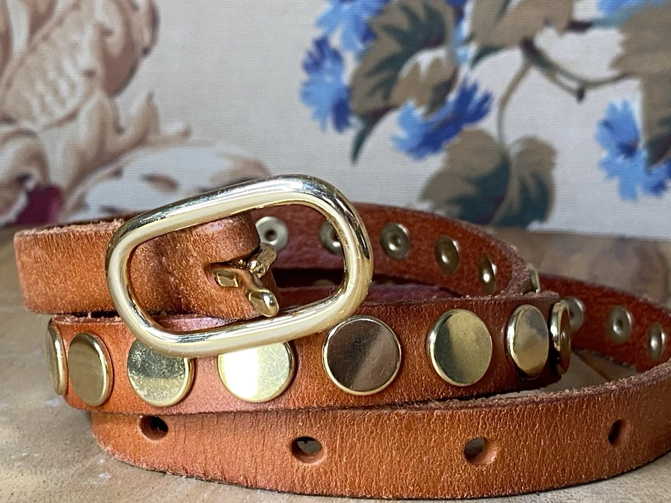 Linea Pelle Studded Skinny Belt Brown Leather Gold Brass Studs VTG Blake Sz Med - Image 1 of 4