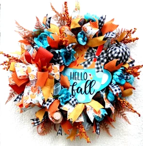 Fall Wreath, Autumn Wreath For Front Door, Pumpkin Spice Latte Wreath Orange - Picture 1 of 12