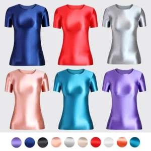 2023 Damen Glitzer Glatt T-Shirts Kurzarm Shirt Bluse Stretch Sport Tops - Bild 1 von 34