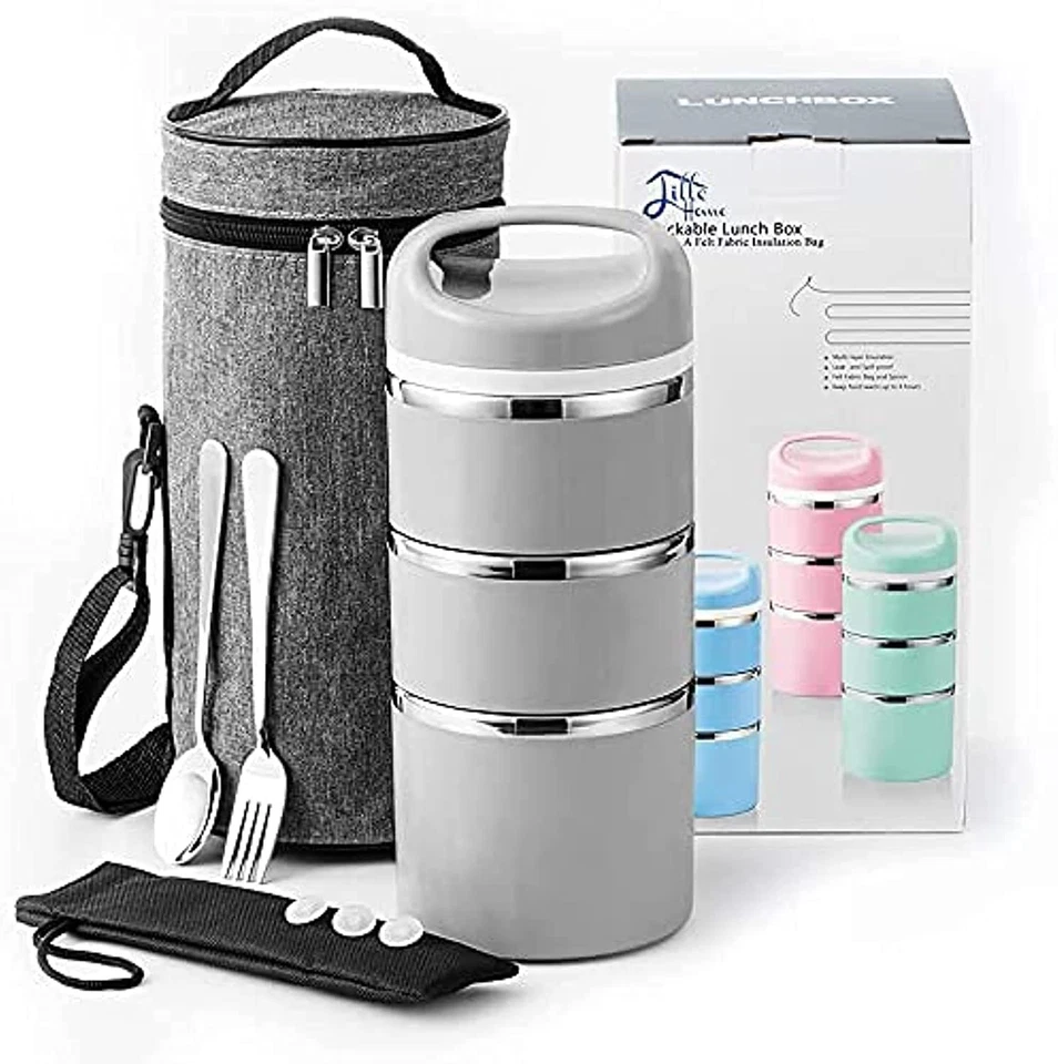 Lille Home Stackable Stainless Steel Thermal Compartment Gray with Utensils