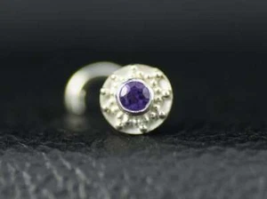 Purple Amethyst Granulated Argentum Solid 935 Argentium Silver Stud Nose Ring - Picture 1 of 4