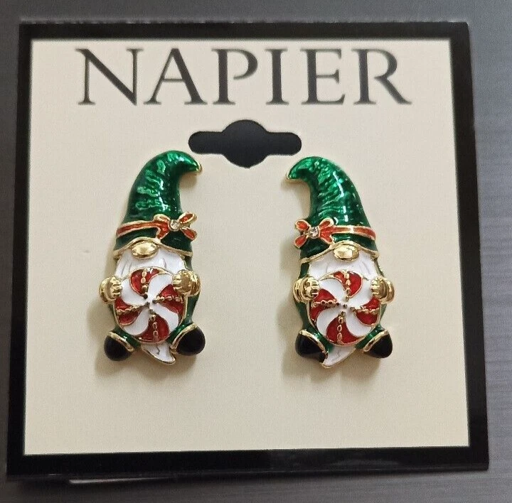 Napier Gold Tone Gnome Candy Stud Earrings - Christmas Holidays