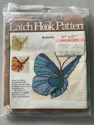 VTG Caron Printed Latch Hook Pattern Only Butterfly W/ 3 Color Options NOS 1978 - Image 1 of 2