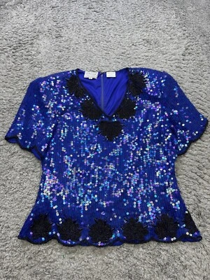 Stenay Jacket Women Large Petite Blue Silk Sequin Beaded Bling Whimsy Top Vtg - image 1 of 4