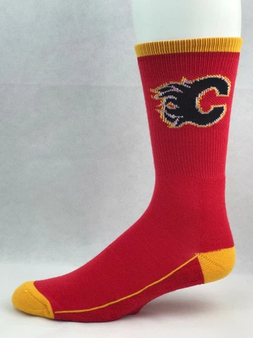 Calgary Flames Hockey Red & Gold Repeat Name Bottom Deuce Crew Socks Cover