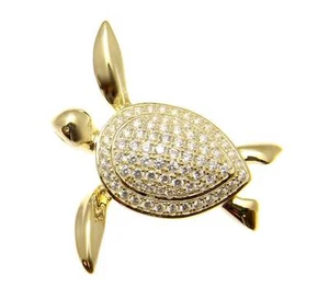 YELLOW GOLD ON SOLID 925 STERLING SILVER HAWAIIAN SWIMMING SEA TURTLE PENDANT CZ - Picture 1 of 2