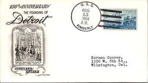 USS Kimberly FDC - 8.15.1951 - 20th Anniversary Founding of Detroit - F46646 - Picture 1 of 2