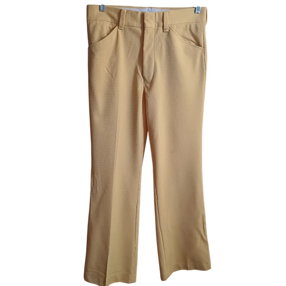 32x31 Vintage 1970's Mens Yellow Textured Polyester Dress Pants Flare Bootcut - Image 1 of 4