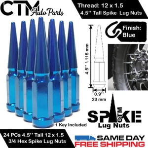 24 PCS HUMMER 4.5'' TALL BLUE 12X1.5 SOLID 3/4 HEX SPIKE WHEEL LUG NUTS +KEY - Picture 1 of 2