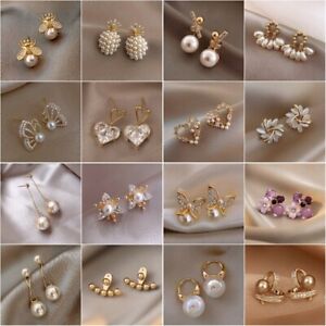 Fashion Flower Crystal Pearl Earrings Dangle Ear Stud Women Wedding Jewellery