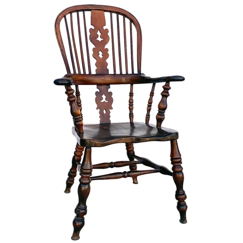 Antique English Elm & Yew Wood High-Back Windsor Armchair c. 1850 Cover