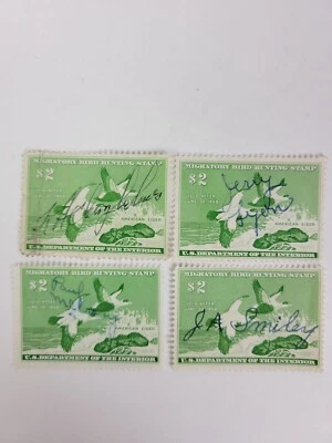 Lot of 4 Migratory Bird Hunting Duck Stamp $2 1958 American Eider, Green, SIGNED - Image 1 of 2