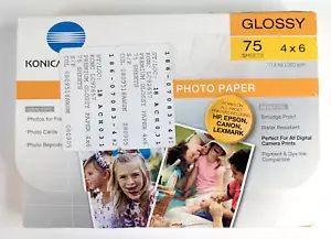📸 Papel fotográfico de inyección de tinta brillante KONICA MINOLTA 4 X 6 pulgadas 75 hojas peso premium - Imagen 1 de 7