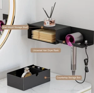 Tindbea Metal Hair Dryer Holder Wall Mounted + Drawer Storage, Matte Black - Picture 1 of 5