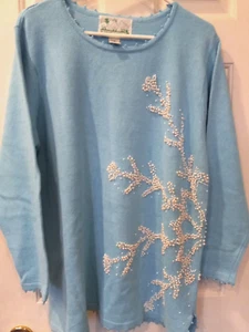 The Quacker Factory Christmas Holiday Turquoise w/White Beaded Snowflake Sweater - Picture 1 of 2
