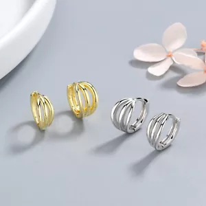 Lo último Pendientes de Plata Esterlina 925 Hueco 3 Líneas Aro Huggie Mujeres Moda Joyería - Imagen 1 de 8