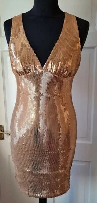 BNWT Mini Gold Sequin Party Dress Stretchy Strappy Cross Back Goddess  UK 8 & 10 - Image 1 of 4