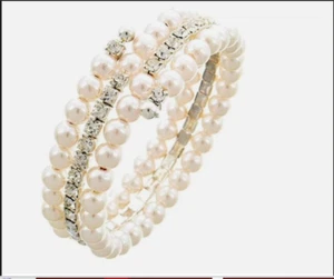 Brazalete Bobina Perla Blanca Cristal Estrás Nupcial 3 Filas Ajustable - Imagen 1 de 4