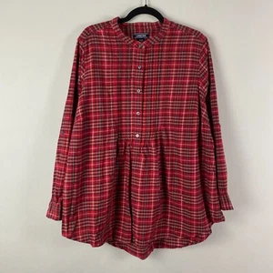Land’s End Shirt 22W Red Multicolor Plaid Cotton Pintucked Buttons Popover Tunic - Picture 1 of 10