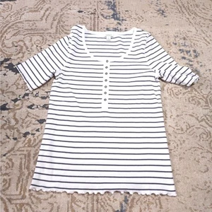 Sundance Striped Short Sleeve Knit Blouse Women Size L Cotton Blend Button Neck - Picture 1 of 7