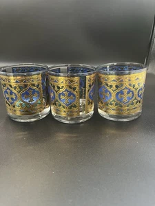 VTG Georges Briard Firenza Blue Tumbler Scotch Glasses 22K Gold, MCM, Set of 3 - Picture 1 of 7