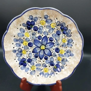 Deruta Italien handbemalt blau & gelb Blumen 8" dekorativer hängender Teller - Bild 1 von 7