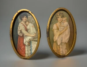 Pair Antique Miniature 3x5” Oval “Mama & Baby” Litho Prints W/Metal Frames - Picture 1 of 5