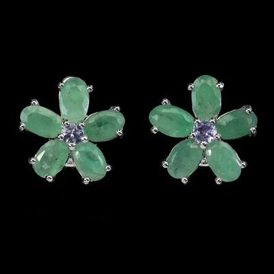 925 Sterling Silver Earrings Oval Emerald Tanzanite Natural Gemstone Jewelry - Image 1 of 4