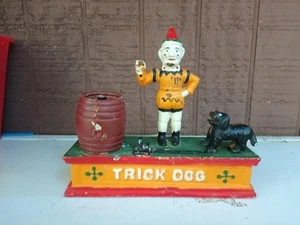 Vintage Cast metal Painted Trick Dog Mechanical Metal Bank Clown/Dog - Picture 1 of 17