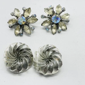 Vintage Clip On Earrings Lot of 2 Silver Tone Swirl and AB Rhinestone Floral - Picture 1 of 11