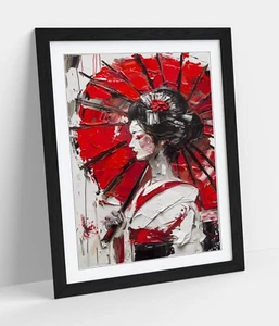 JAPANESE GEISHA WITH PARASOL EXPRESSIVE -FRAMED WALL ART POSTER PAPER PRINT - Picture 1 of 10