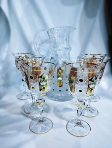 Czech bohemia crystal cut glass - Wine, water, bier set 6+1 gold + enamel - Picture 1 of 7