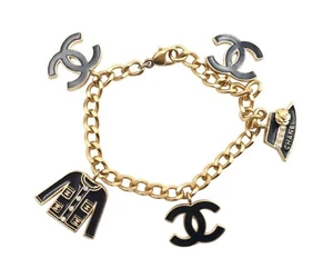 Chanel Vintage Gold Plated CC Black Hat Jacket Charm Bracelet - Picture 1 of 4