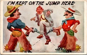 Kept On the Jump Cowboys with Pistols a/s HH Tammen 1909 embossed Postcard - Picture 1 of 2