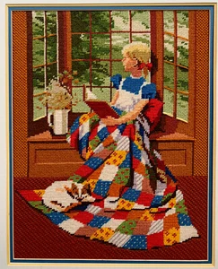 Vintage Needlepoint Framed Art Rare Bright Color Patchwork Quilt Girl And Cat - Picture 1 of 5