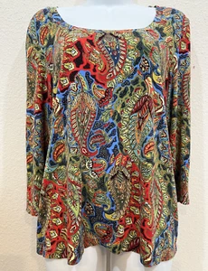 CHICOS Top size L (2)  Long Sleeve  Round Neck Paisely Print Rayon Bohemian - Picture 1 of 5
