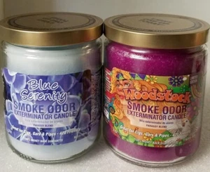 Smoke Odor 13 oz Candles 2 Fragrances Set Blue Serenity/Woodstock. - Picture 1 of 3