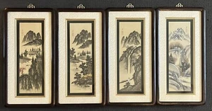 Vintage Asian Quadriptych Four Seasons Landscape Water Color Paintings, Silk Mat - Picture 1 of 11