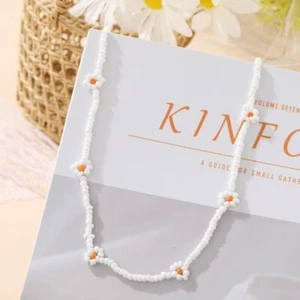 Women's Bohemian Flower Seed Bead Necklace White Beaded Choker 20" Gift For Her - Picture 1 of 3